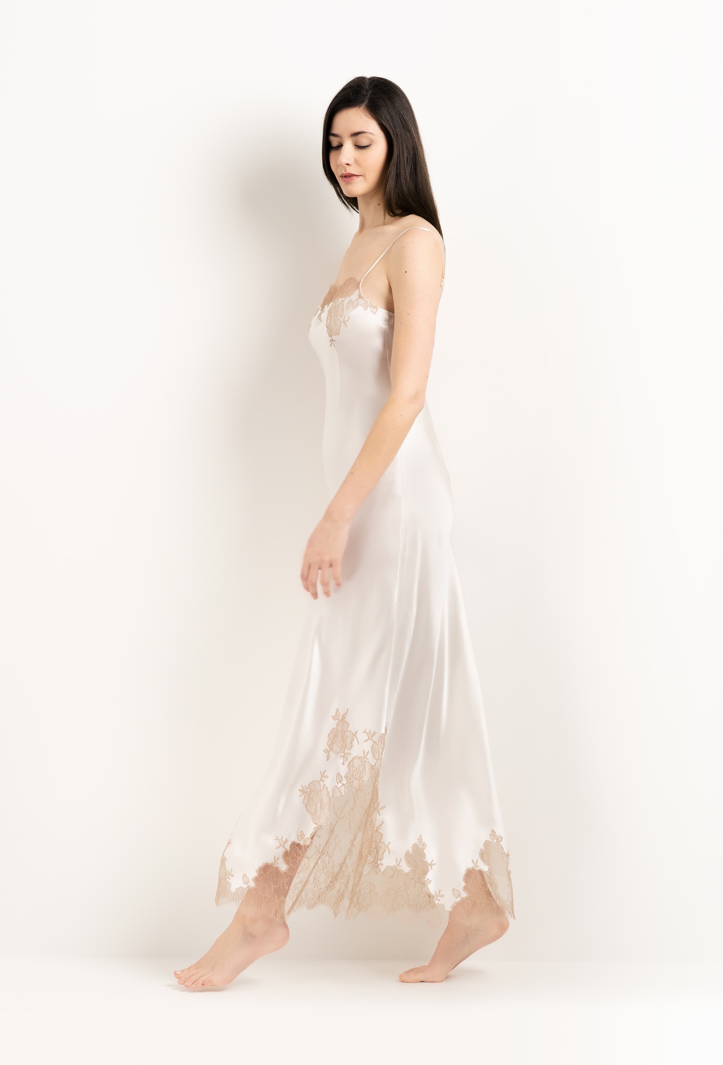 Be seduced by Carine Gilson most beautiful silk lingerie collection with this Long Gown Straight Neckline in ivory Silk  with Vison lace