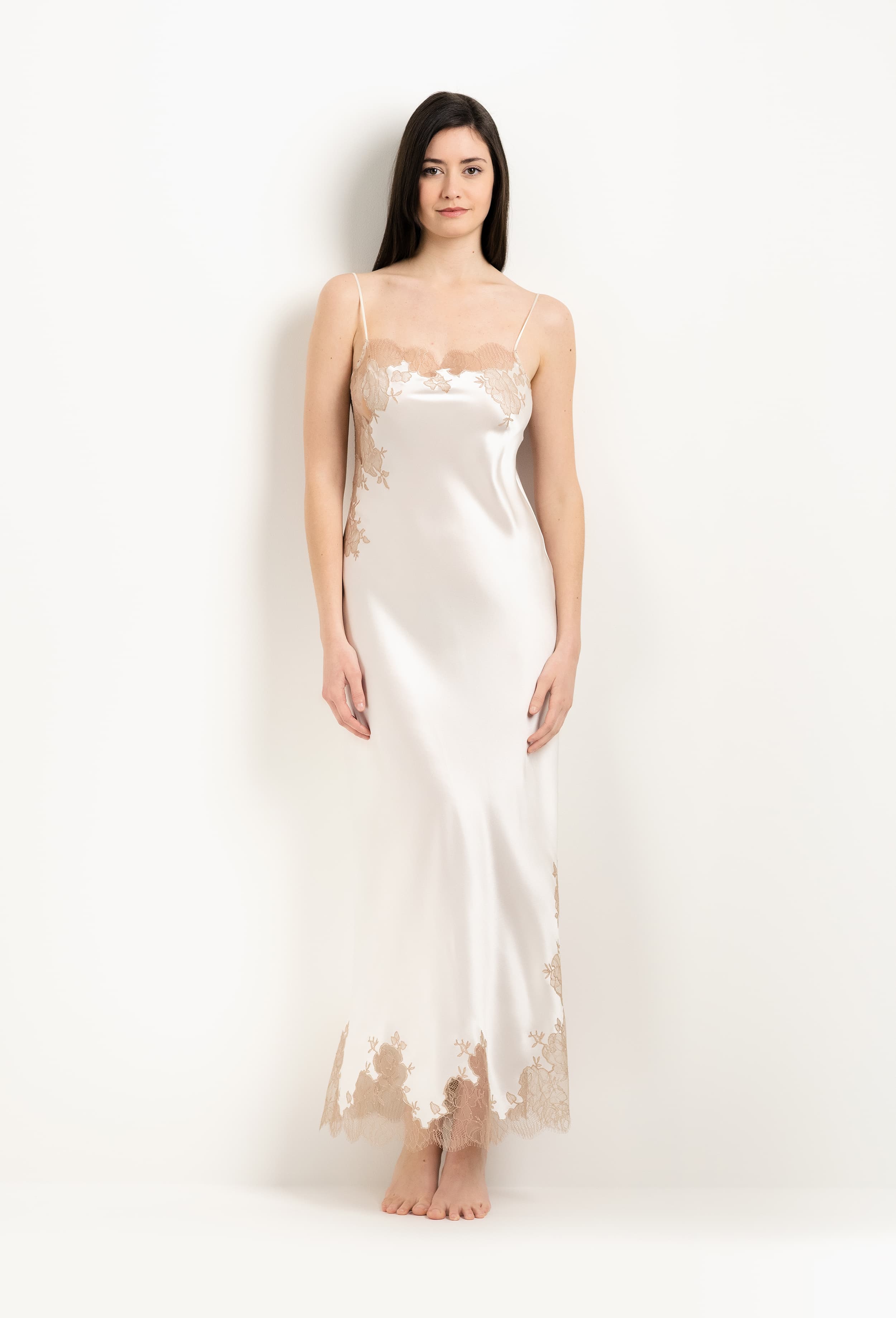 Be seduced by Carine Gilson most beautiful silk lingerie collection with this Long Gown Straight Neckline in ivory Silk  with Vison lace