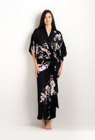 Made of silk and lace, explore the lingerie collection 2025 cruise from the house Carine Gilson with this Long Kimono Short Sleeves in Shadow of paradise Black Silk 