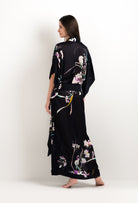 Made of silk and lace, explore the lingerie collection 2025 cruise from the house Carine Gilson with this Long Kimono Short Sleeves in Shadow of paradise Black Silk 