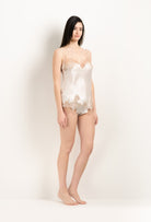 Discover the unique craftmanship of the belgian designer Carine Gilson in her atelier for the 2025 Winter collection with this Camisole V Neckline in ivory Silk  with Vison lace