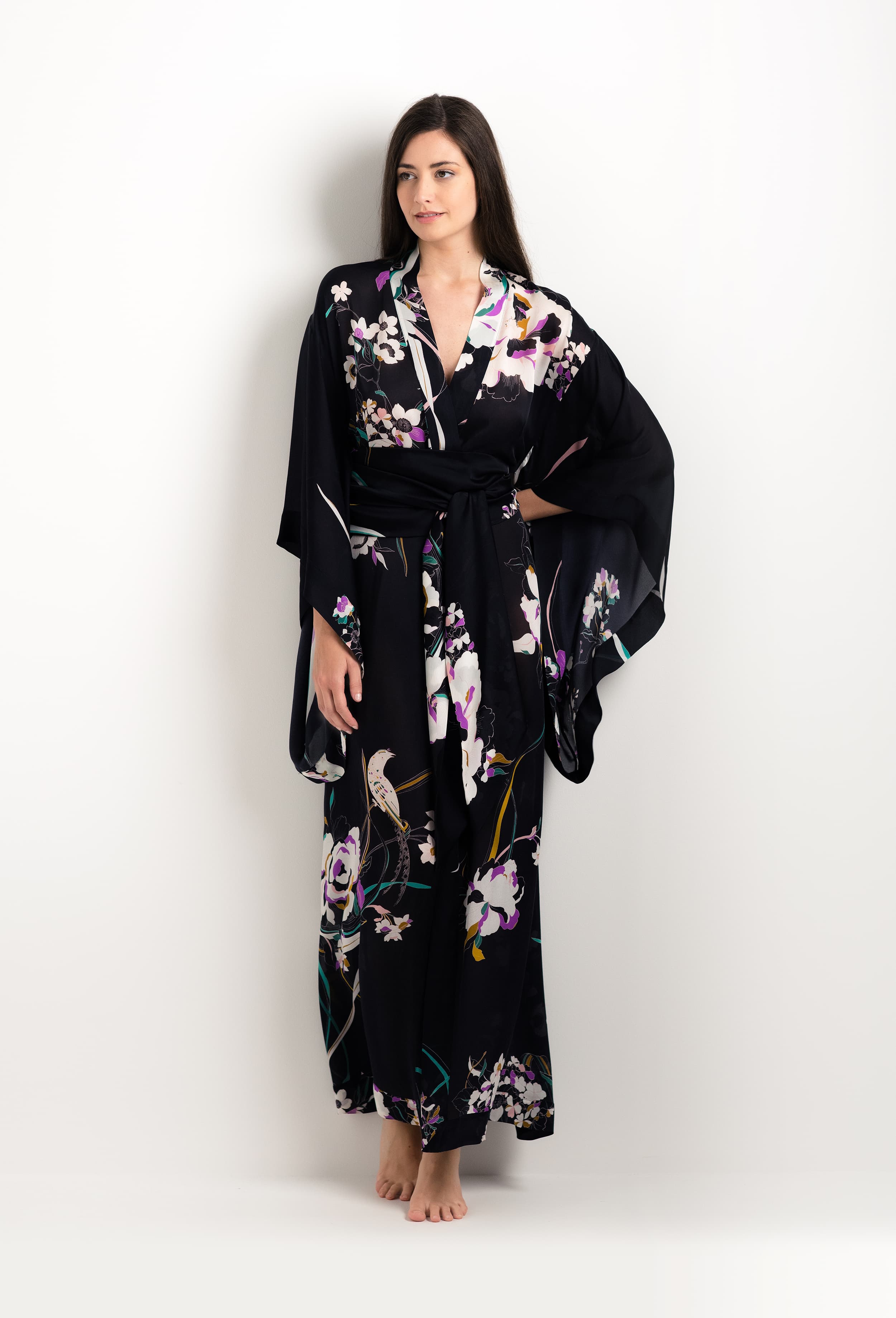 Be seduced by Carine Gilson most beautiful silk lingerie collection with this Long Kimono Butterfly Sleeves in Shadow of paradise Black Silk 