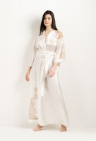 Enjoy the 2025 Winter collection of lingerie couture from the house Carine Gilson with this Long Kimono Classic Sleeves in ivory Silk  with Vison lace