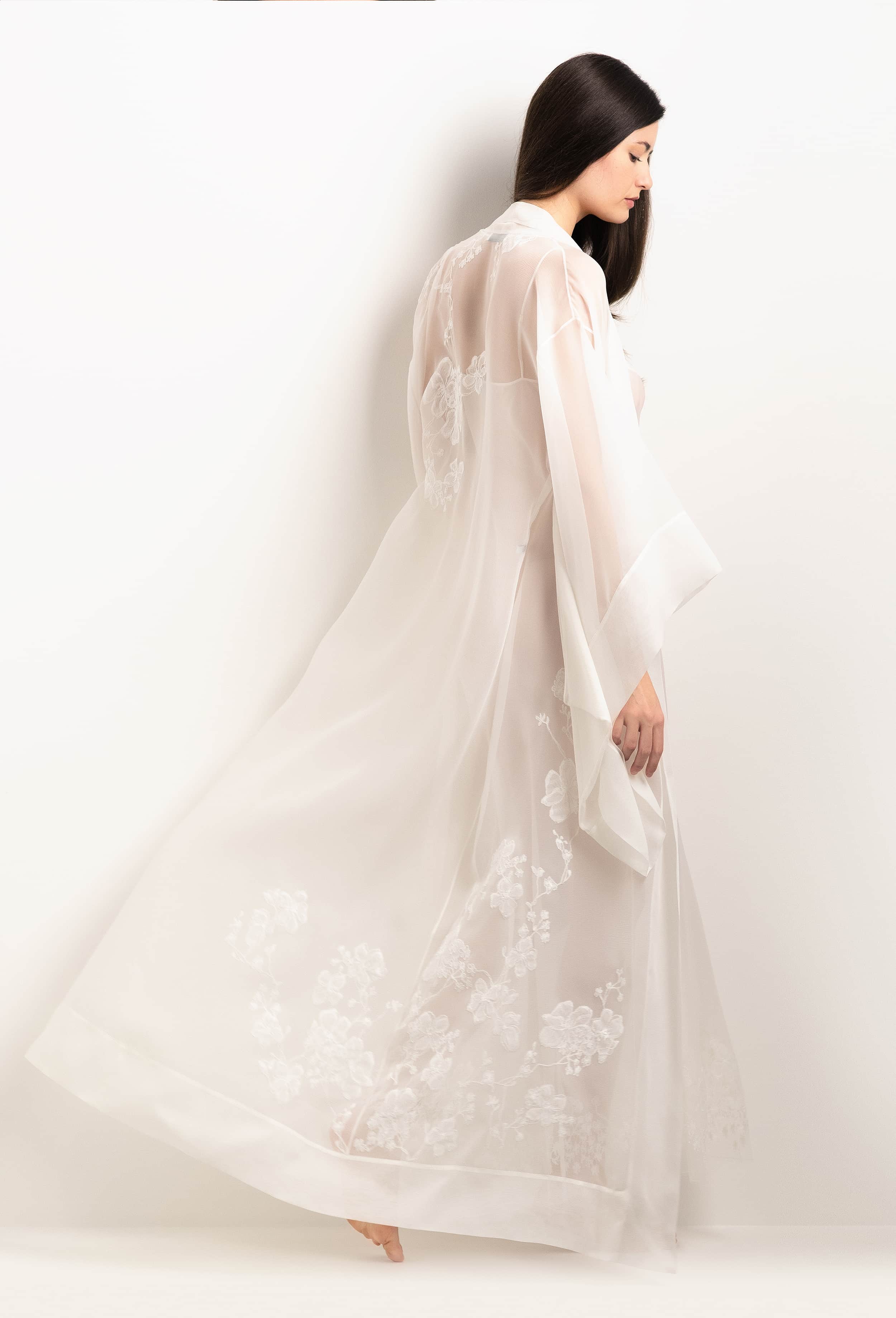 Discover the 2025 Summer collection of lingerie couture from the house Carine Gilson with this Long Kimono Butterfly Sleeves in Natural Silk  with Natural lace