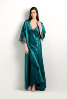 The 2024 winter collection from the house Carine Gilson - The most beautiful couture lingerie to be discovered with this Long Kimono Classic Sleeves in blue Silk with emerald green lace