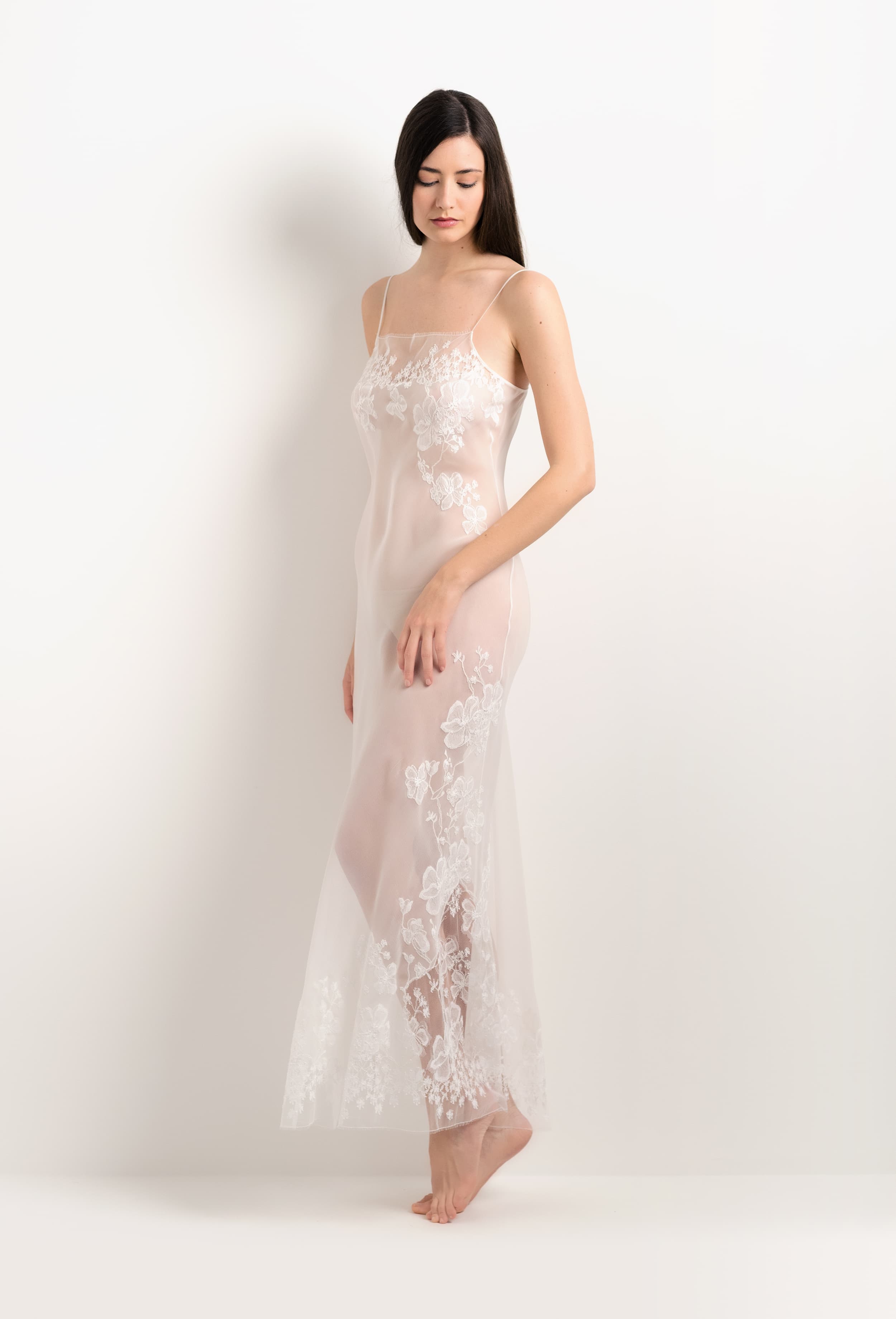 Made of silk and lace, explore the lingerie collection 2025 Summer from the house Carine Gilson with this Long Gown Straight Neckline in Natural Silk  with Natural lace