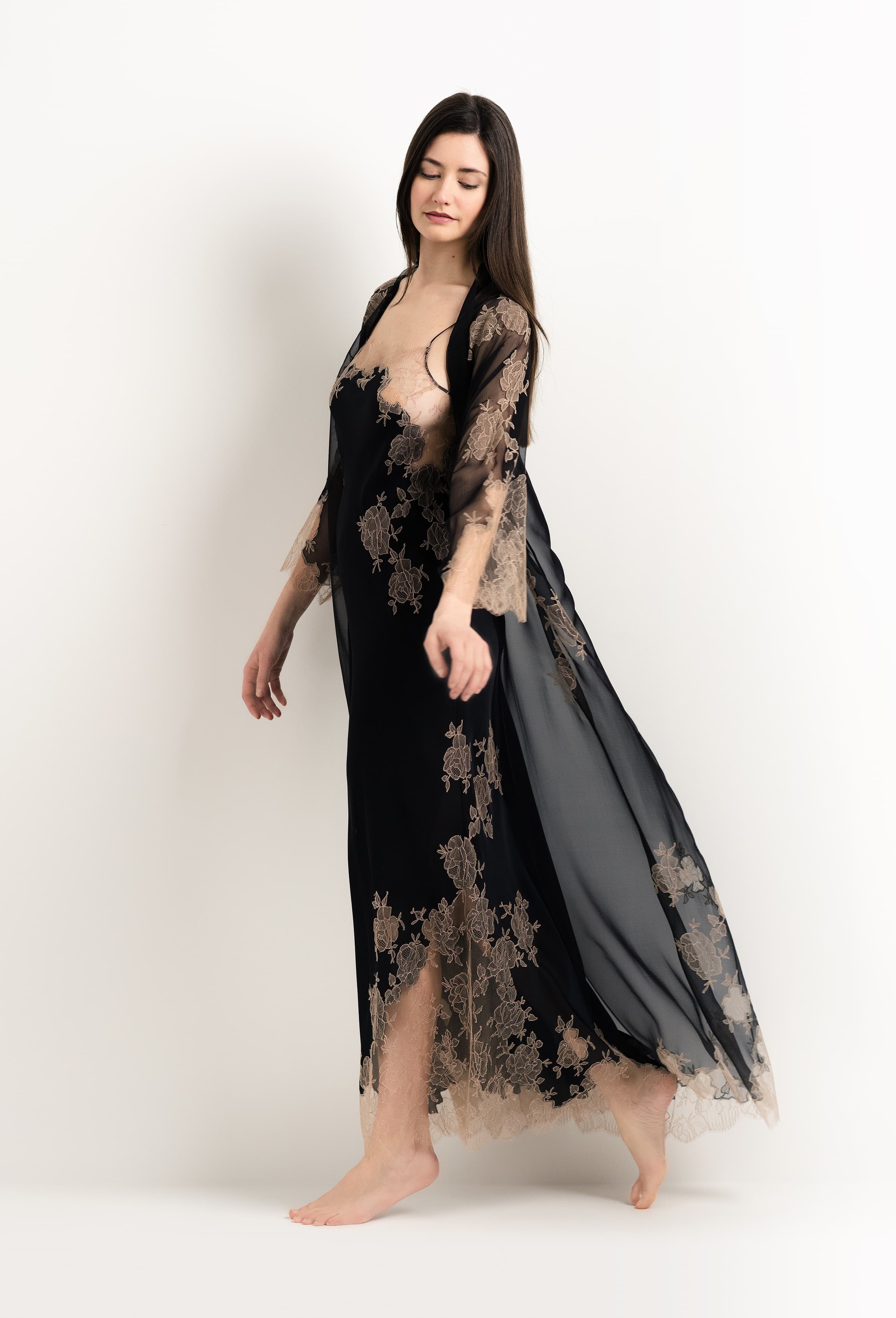 Made of silk and lace, explore the lingerie collection 2025 Winter from the house Carine Gilson with this Long Gown Straight Neckline in Black Silk  with Vison lace