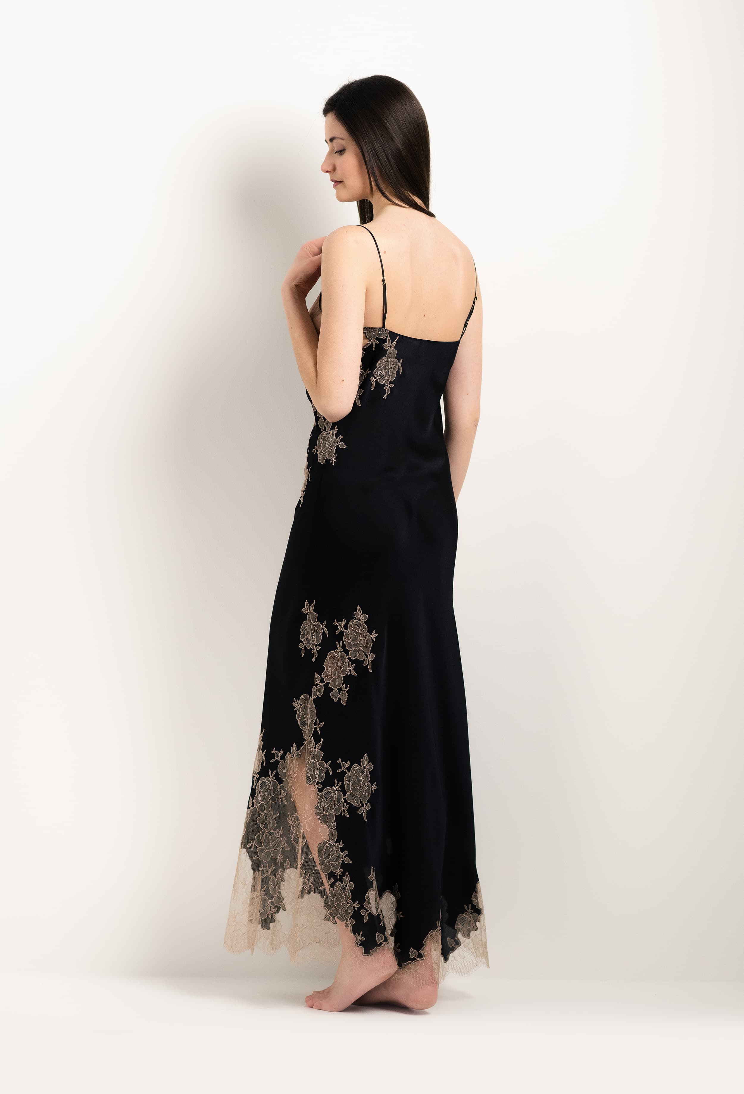 Made of silk and lace, explore the lingerie collection 2025 Winter from the house Carine Gilson with this Long Gown Straight Neckline in Black Silk  with Vison lace