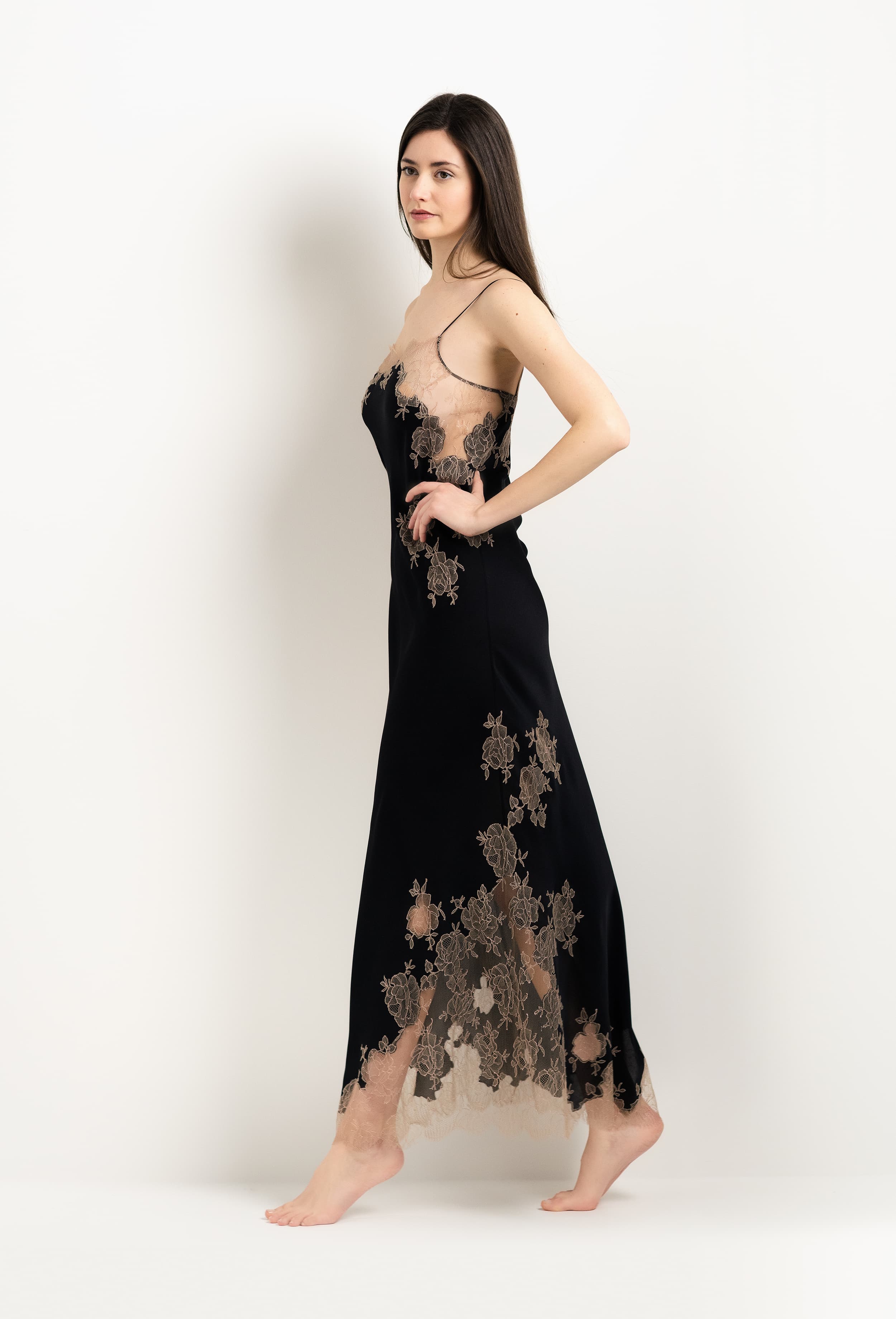 Made of silk and lace, explore the lingerie collection 2025 Winter from the house Carine Gilson with this Long Gown Straight Neckline in Black Silk  with Vison lace