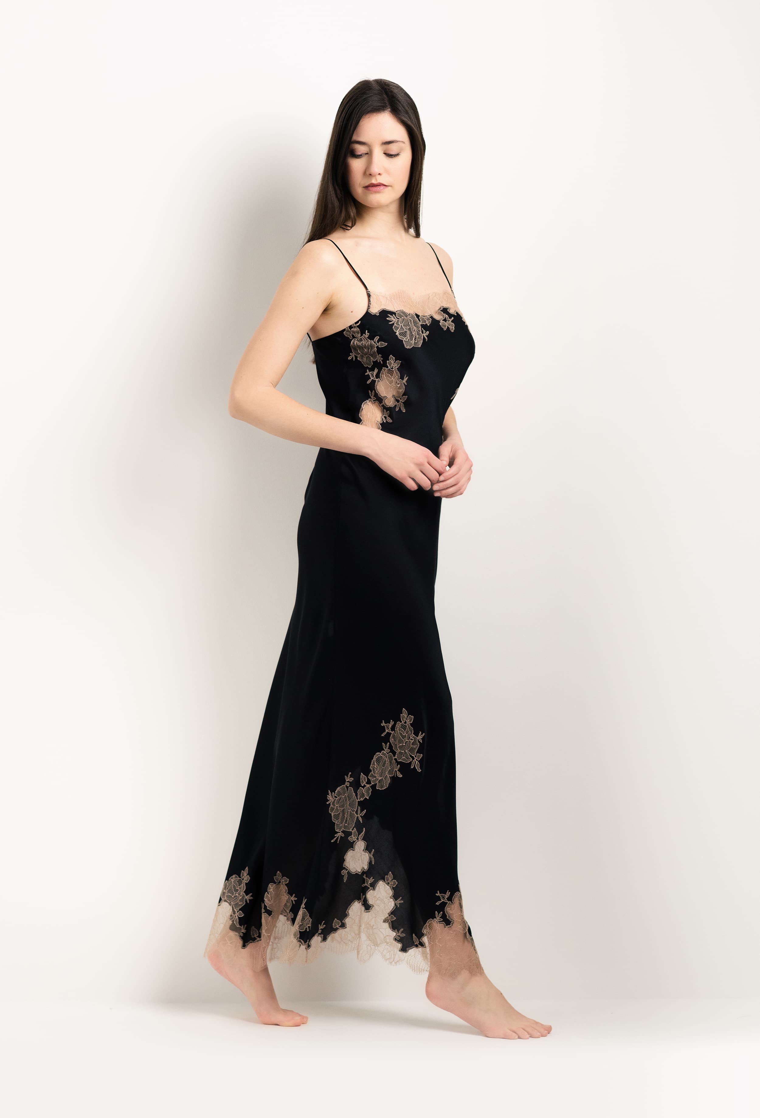 Made of silk and lace, explore the lingerie collection 2025 Winter from the house Carine Gilson with this Long Gown Straight Neckline in Black Silk  with Vison lace