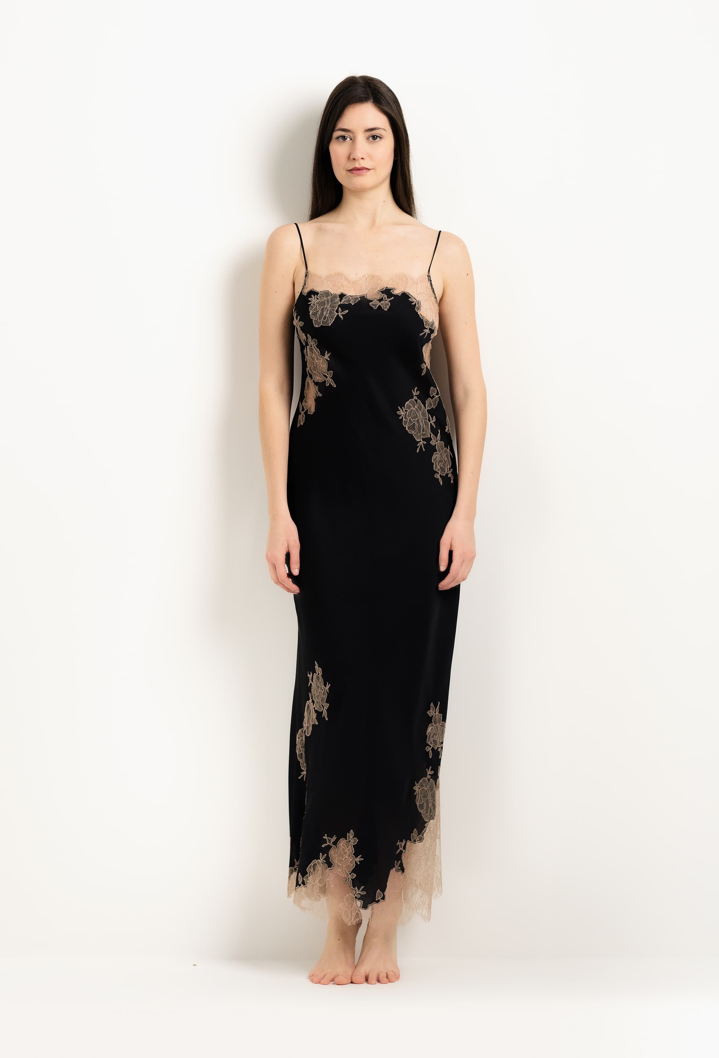 Made of silk and lace, explore the lingerie collection 2025 Winter from the house Carine Gilson with this Long Gown Straight Neckline in Black Silk  with Vison lace