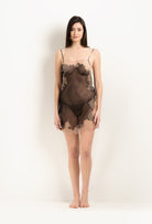 The 2025 Winter collection from the house Carine Gilson - The most beautiful couture lingerie to be discovered with this Slip Babydoll Style Straight Neckline in Black Silk  with Vison lace