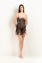 The 2025 Winter collection from the house Carine Gilson - The most beautiful couture lingerie to be discovered with this Slip Babydoll Style Straight Neckline in Black Silk  with Vison lace