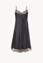 Enter Carine Gilson's world and the most beautiful silk lingerie with the Winter 2026-27 collection with this Midi dress with cuts in DarkGrey Silk  with black lace