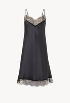 Enter Carine Gilson's world and the most beautiful silk lingerie with the Winter 2026-27 collection with this Midi dress with cuts in DarkGrey Silk  with black lace