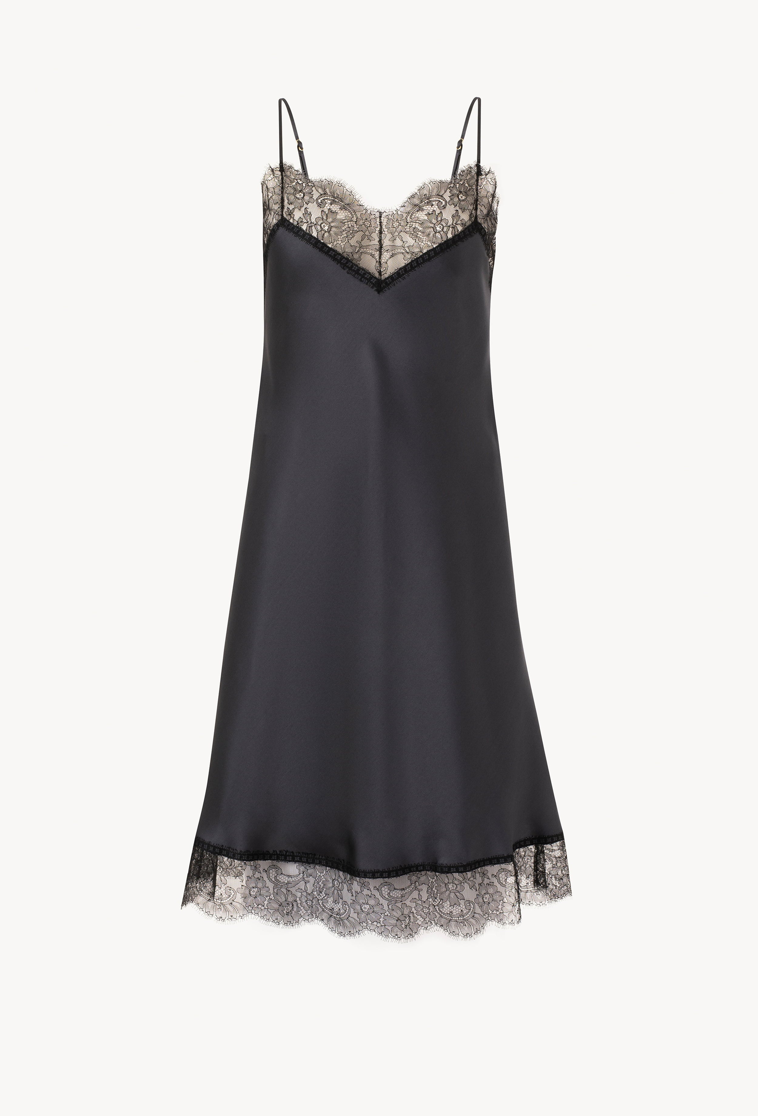 Enter Carine Gilson's world and the most beautiful silk lingerie with the Winter 2026-27 collection with this Midi dress with cuts in DarkGrey Silk  with black lace