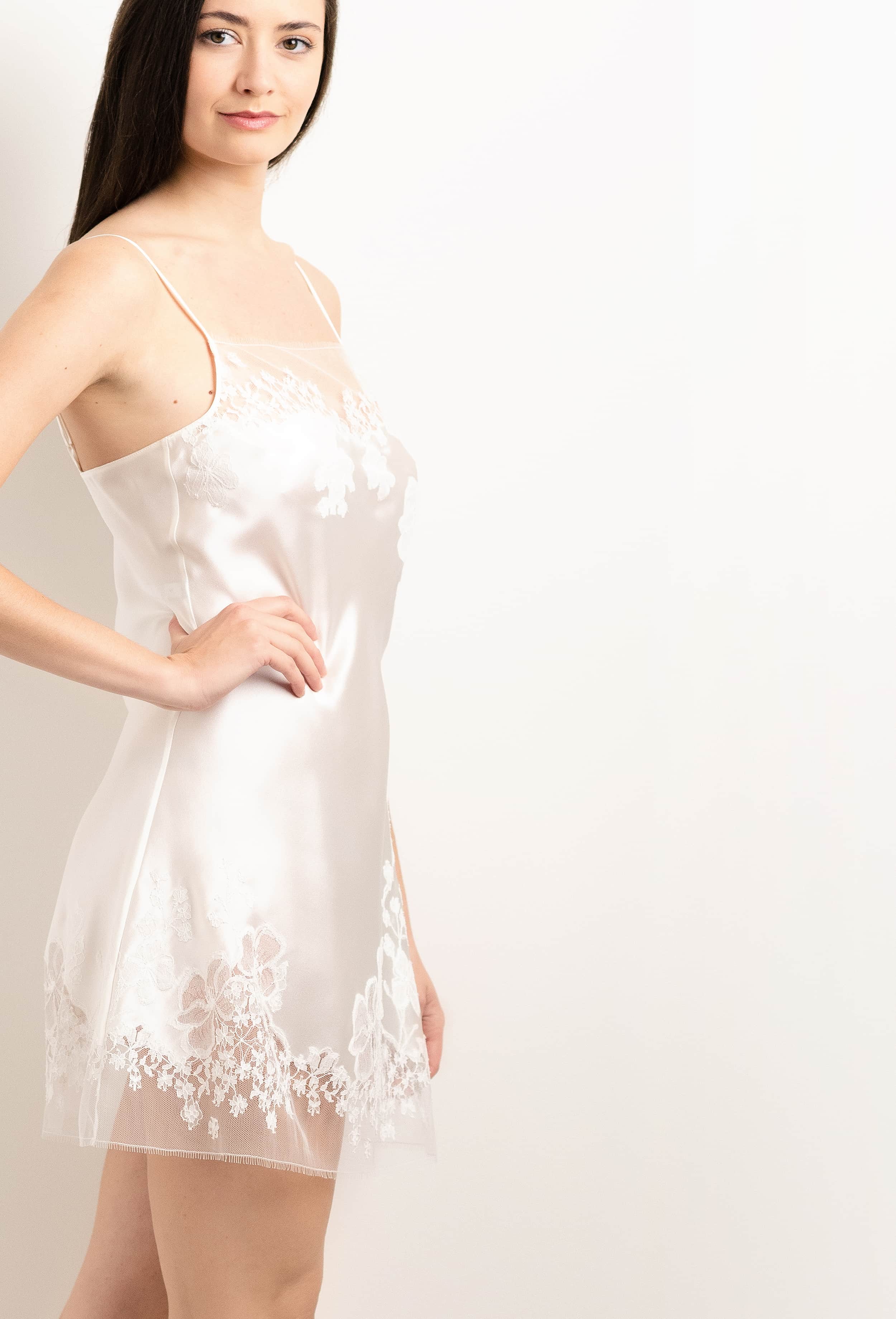 Discover the 2025 Summer collection of lingerie couture from the house Carine Gilson with this Slip Babydoll Style Straight Neckline in Natural Silk  with Natural lace