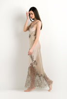 Enjoy the 2024 winter collection of lingerie couture from the house Carine Gilson with this Long Gown V Neckline in sand beige Silk with Beige Navy lace