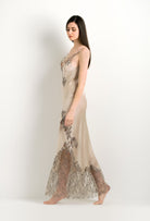 Enjoy the 2024 winter collection of lingerie couture from the house Carine Gilson with this Long Gown V Neckline in sand beige Silk with Beige Navy lace