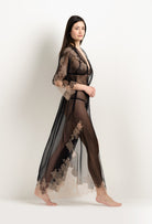 Enter Carine Gilson's world and the most beautiful silk lingerie with the 2025 Winter collection with this Long Kimono Raglan Style in Black Silk  with Vison lace