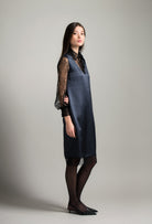 Be seduced by Carine Gilson most beautiful silk lingerie collection with this Midi Dress Silk with V neck in DarkGrey Silk  with black lace