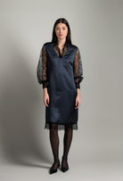 Be seduced by Carine Gilson most beautiful silk lingerie collection with this Midi Dress Silk with V neck in DarkGrey Silk  with black lace