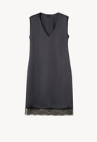 Be seduced by Carine Gilson most beautiful silk lingerie collection with this Midi Dress Silk with V neck in DarkGrey Silk  with black lace