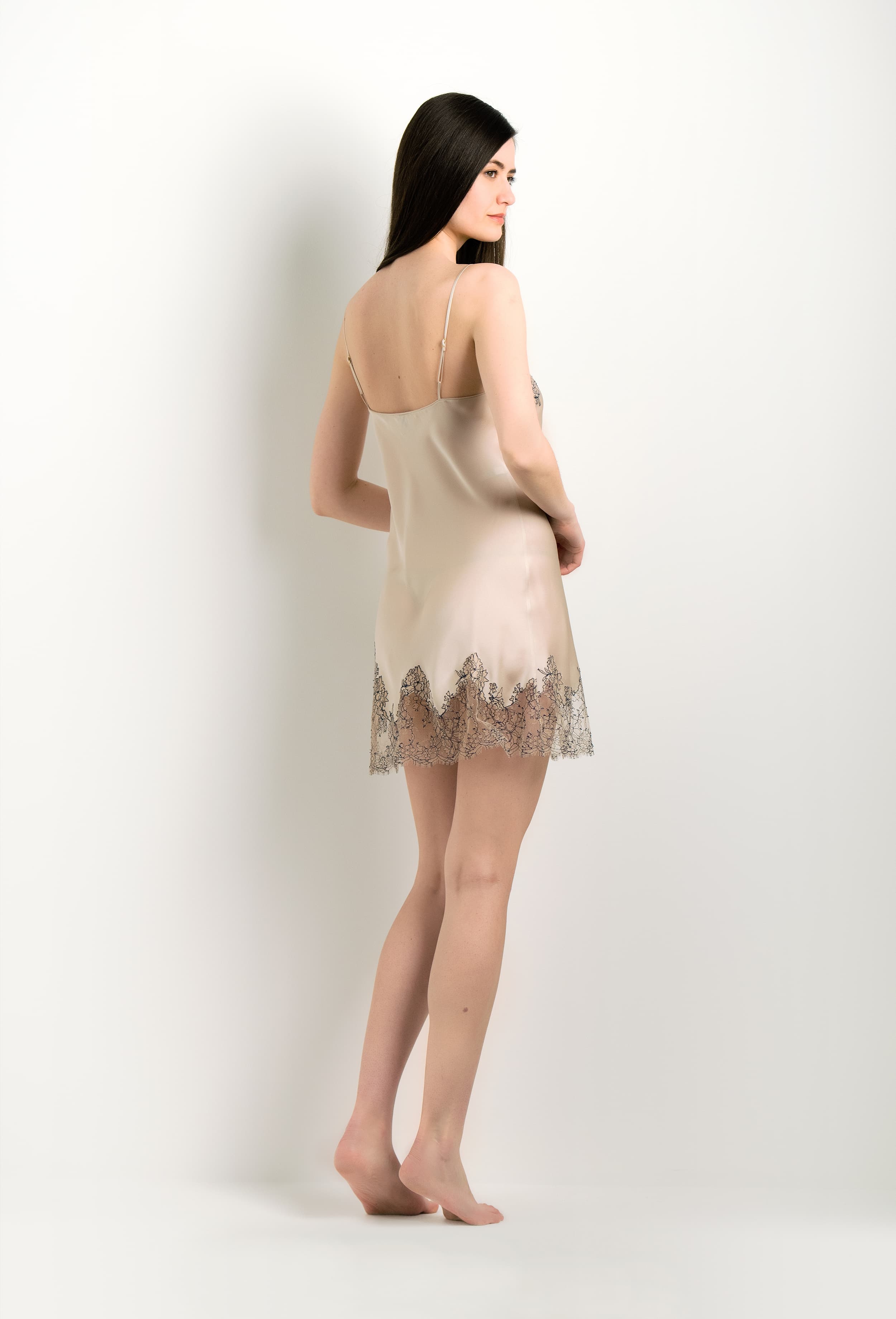 Be seduced by Carine Gilson most beautiful silk lingerie collection with this Slip Babydoll Style Straight Neckline in sand beige Silk with Beige Navy lace