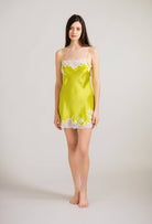 Enter Carine Gilson's world and the most beautiful silk lingerie with the 2024 summer collection and this silk Slip Babydoll Style in Anise green with lace