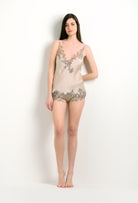 Enter Carine Gilson's world and the most beautiful silk lingerie with the 2024 winter collection and this Camisole V Neckline in sand beige Silk with Beige Navy lace