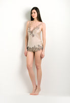 Enter Carine Gilson's world and the most beautiful silk lingerie with the 2024 winter collection and this Camisole V Neckline in sand beige Silk with Beige Navy lace