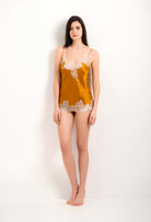 Enter Carine Gilson's world with the 2023 summer collection and this Camisole V Neckline in gold amber Silk with ivory lace