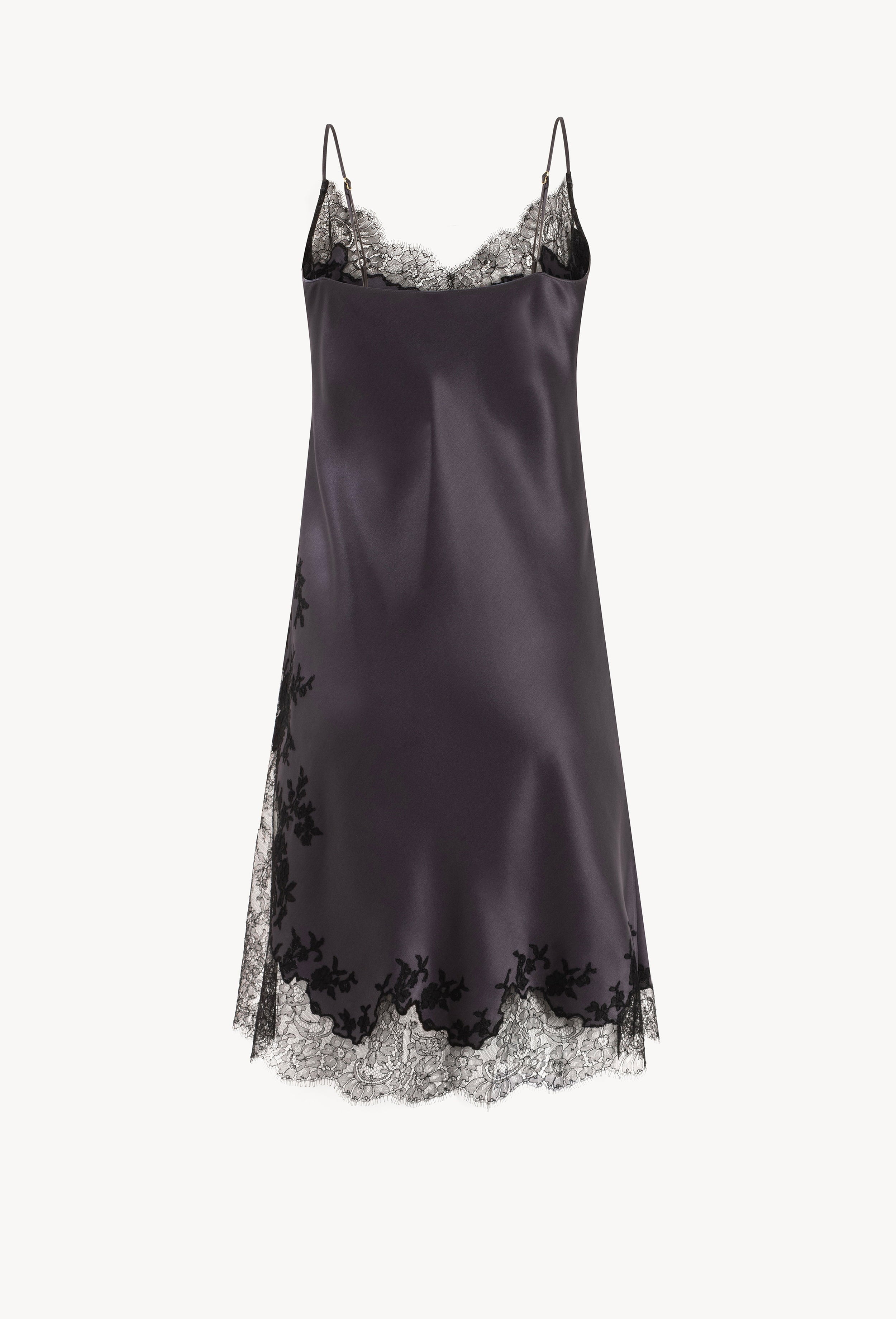 Enter Carine Gilson's world and the most beautiful silk lingerie with the Winter 2026-27 collection with this Midi dress Classic Neckline in DarkGrey Silk  with black lace