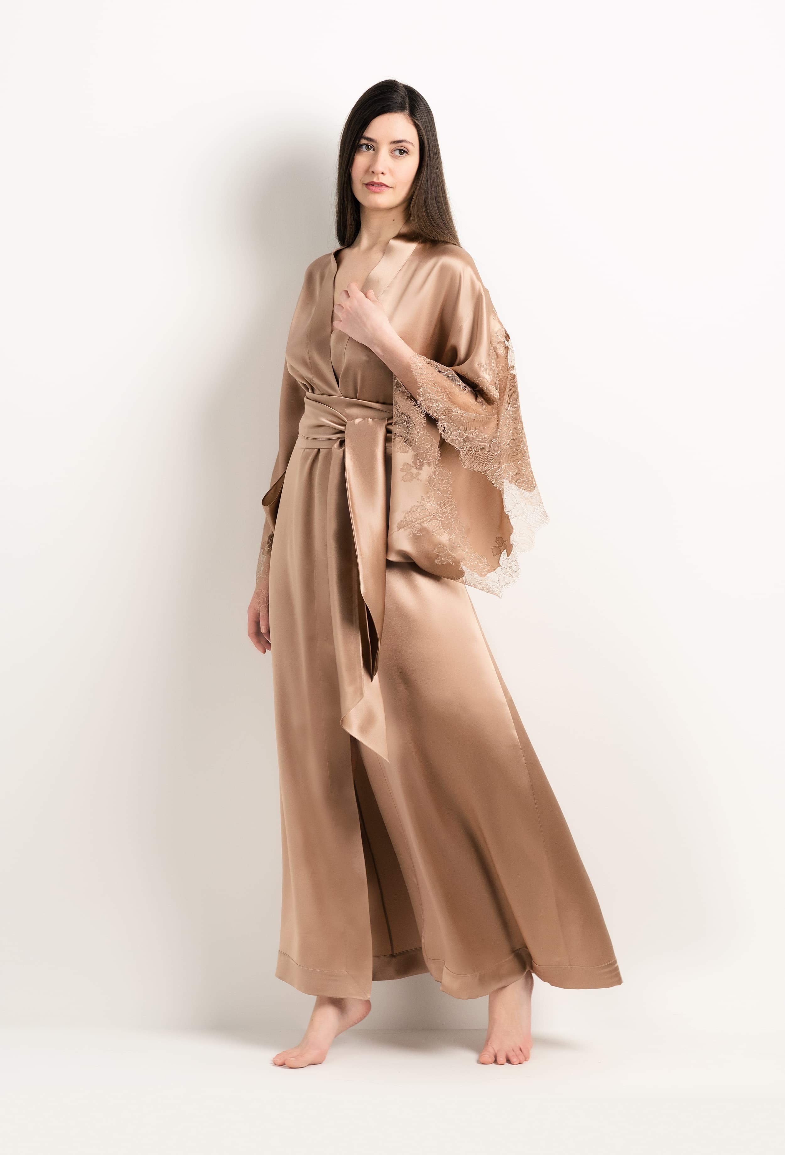 The 2025 Winter collection from the house Carine Gilson - The most beautiful couture lingerie to be discovered with this Long Kimono Butterfly Sleeves in Vison Silk  with Vison lace