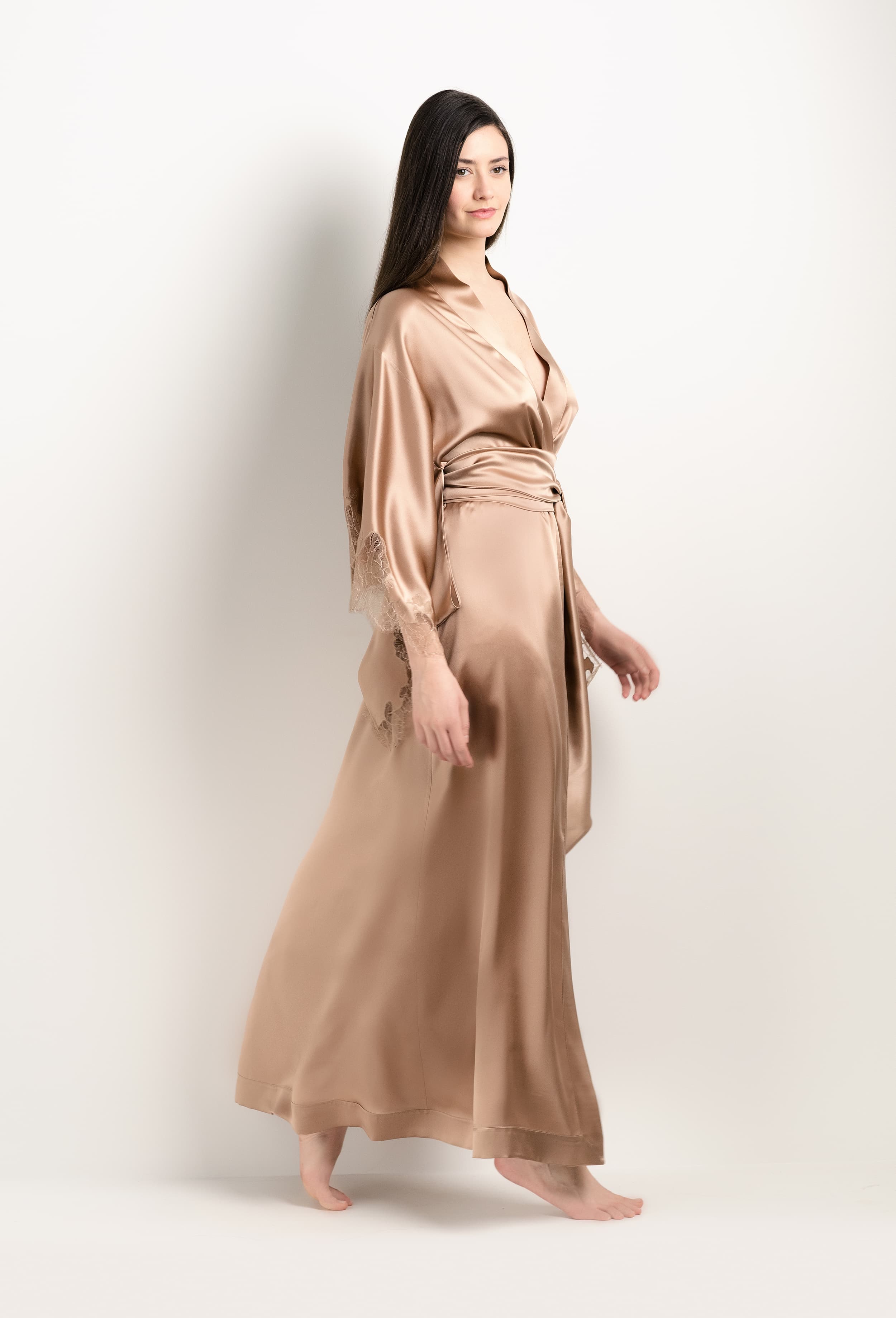 The 2025 Winter collection from the house Carine Gilson - The most beautiful couture lingerie to be discovered with this Long Kimono Butterfly Sleeves in Vison Silk  with Vison lace