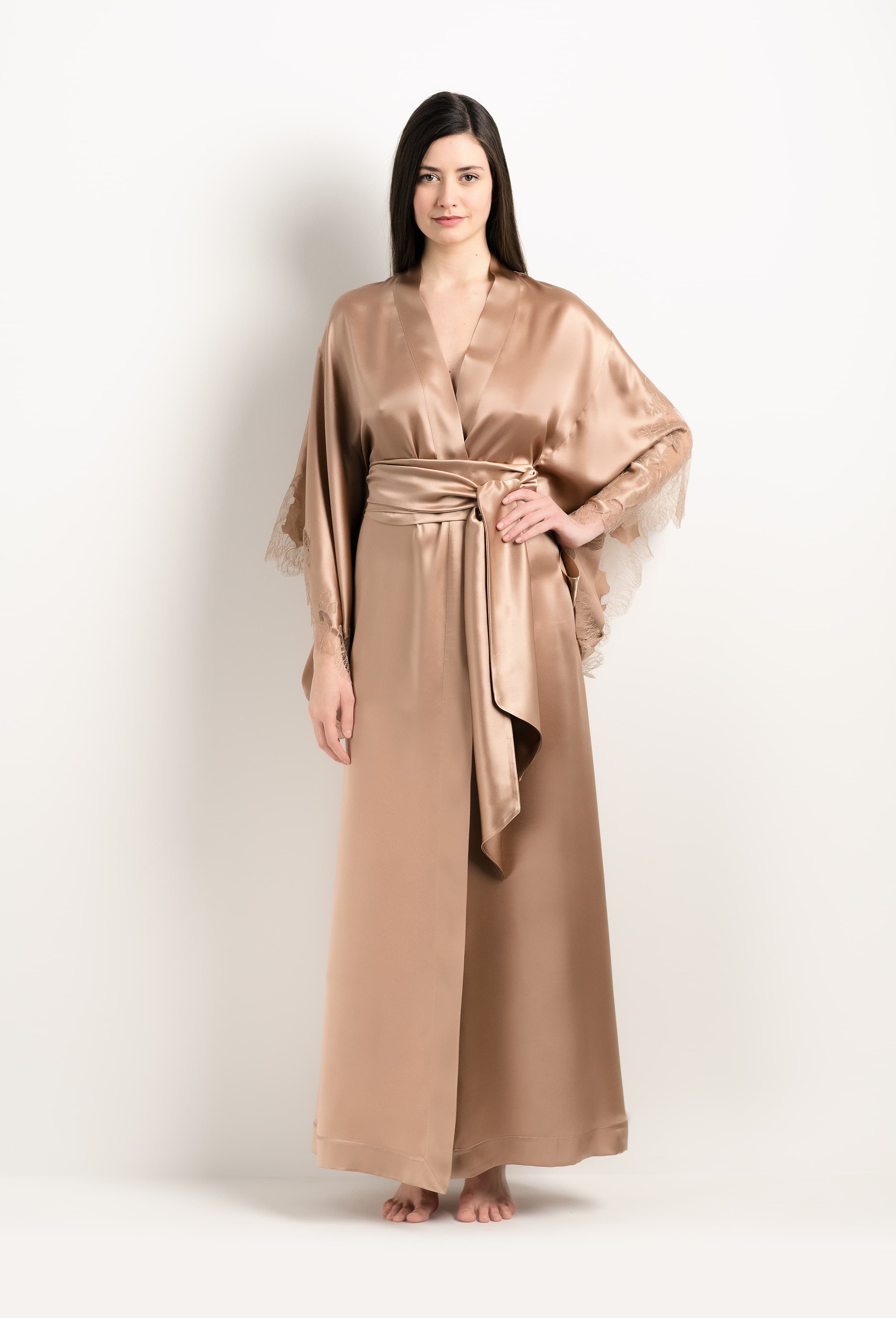 The 2025 Winter collection from the house Carine Gilson - The most beautiful couture lingerie to be discovered with this Long Kimono Butterfly Sleeves in Vison Silk  with Vison lace