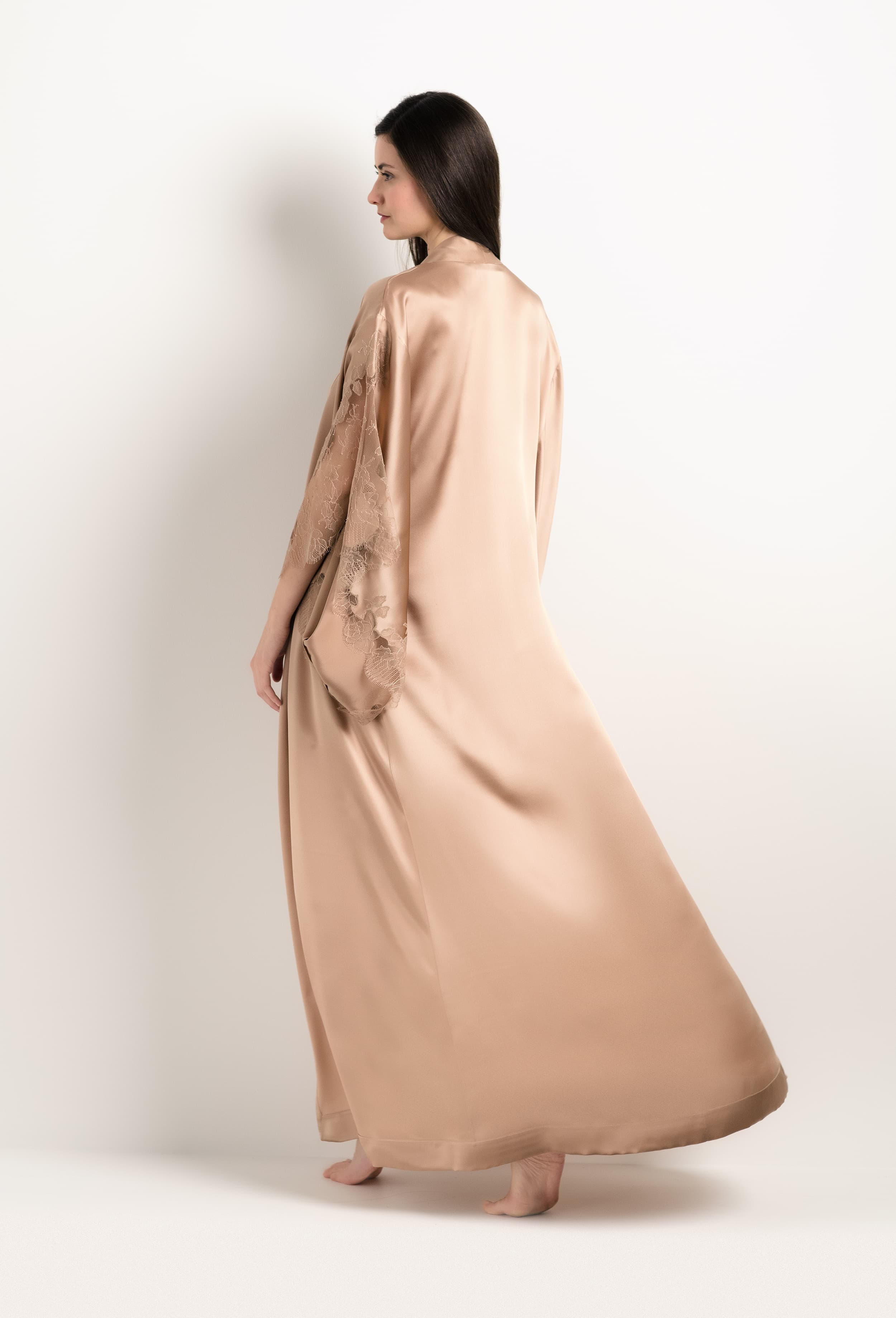 The 2025 Winter collection from the house Carine Gilson - The most beautiful couture lingerie to be discovered with this Long Kimono Butterfly Sleeves in Vison Silk  with Vison lace