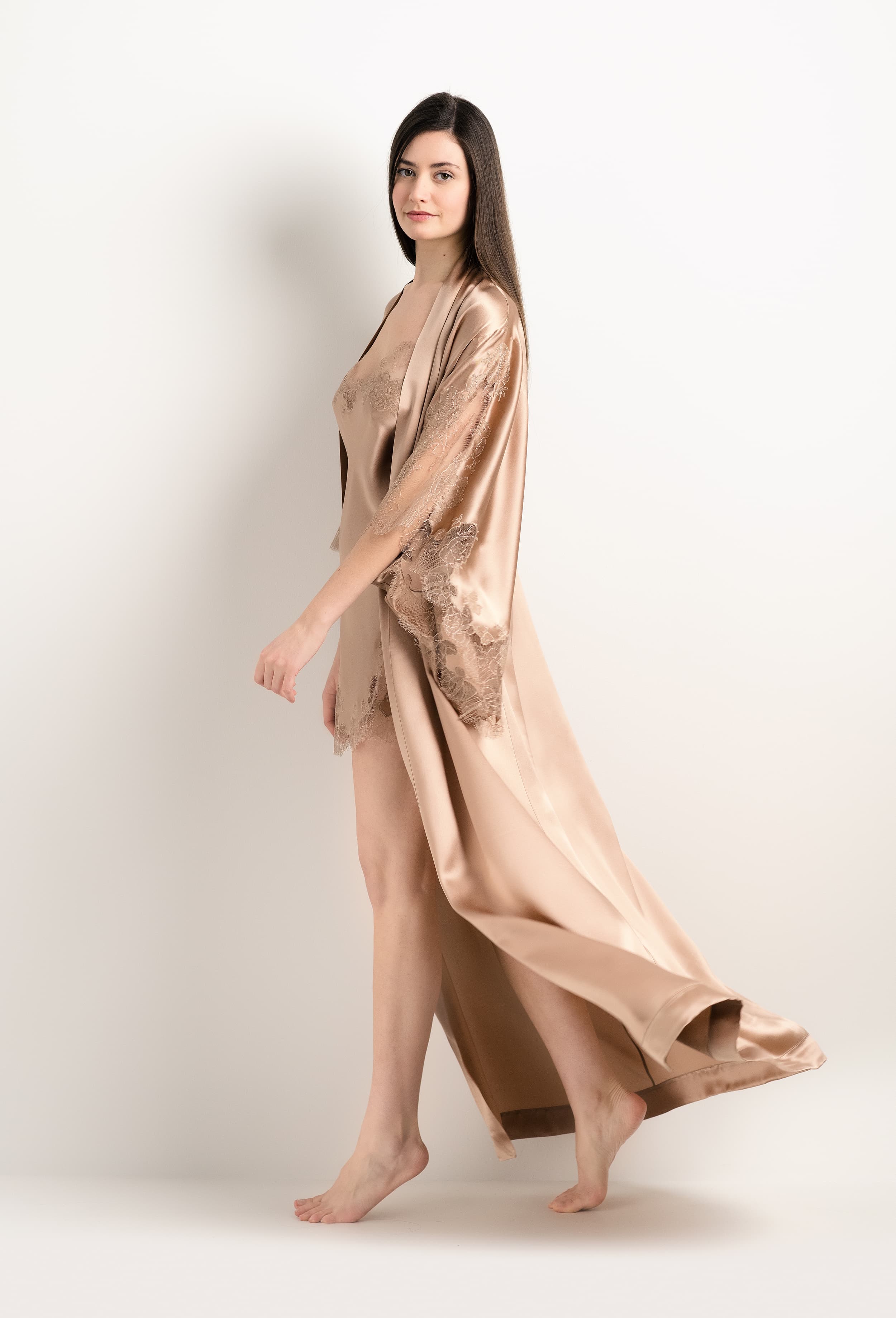 The 2025 Winter collection from the house Carine Gilson - The most beautiful couture lingerie to be discovered with this Long Kimono Butterfly Sleeves in Vison Silk  with Vison lace