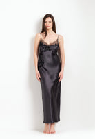 Made of silk and lace, explore the lingerie collection Winter 2026-27 from the house Carine Gilson with this Long Dress Classic Style in DarkGrey Silk  with black lace