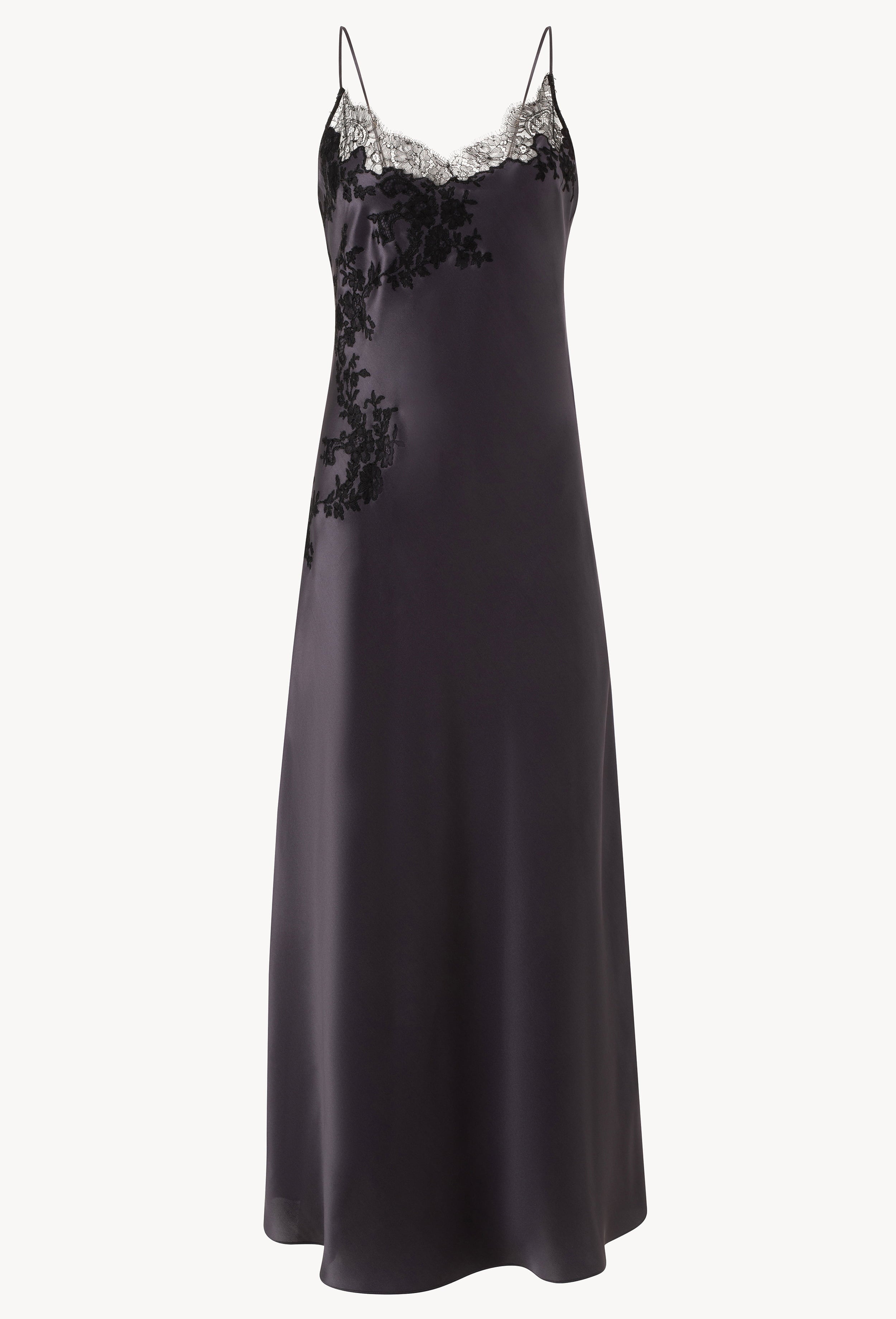 Made of silk and lace, explore the lingerie collection Winter 2026-27 from the house Carine Gilson with this Long Dress Classic Style in DarkGrey Silk  with black lace