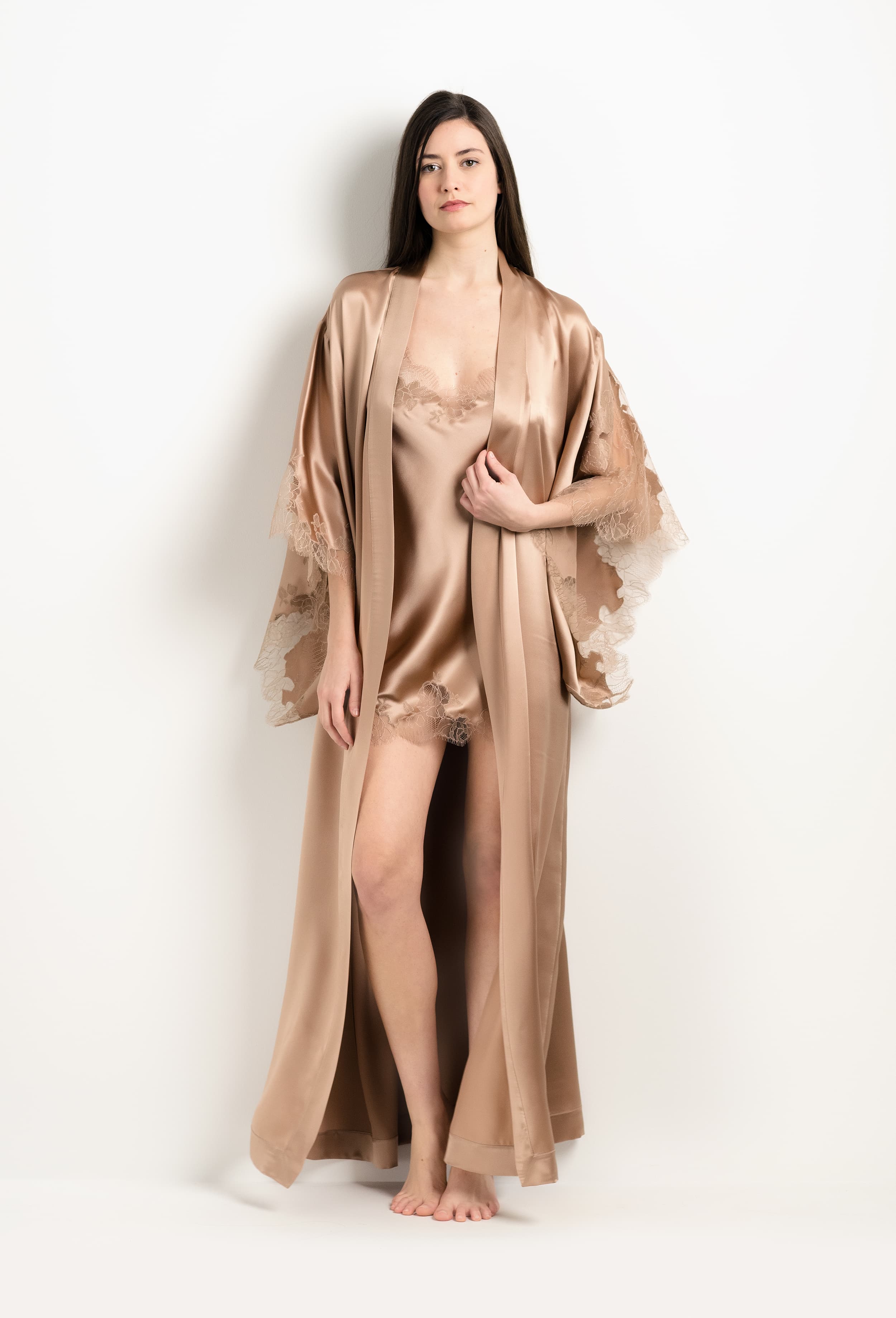 Discover the 2025 Winter collection of lingerie couture from the house Carine Gilson with this Slip Babydoll Style V Neckline in Vison Silk  with Vison lace