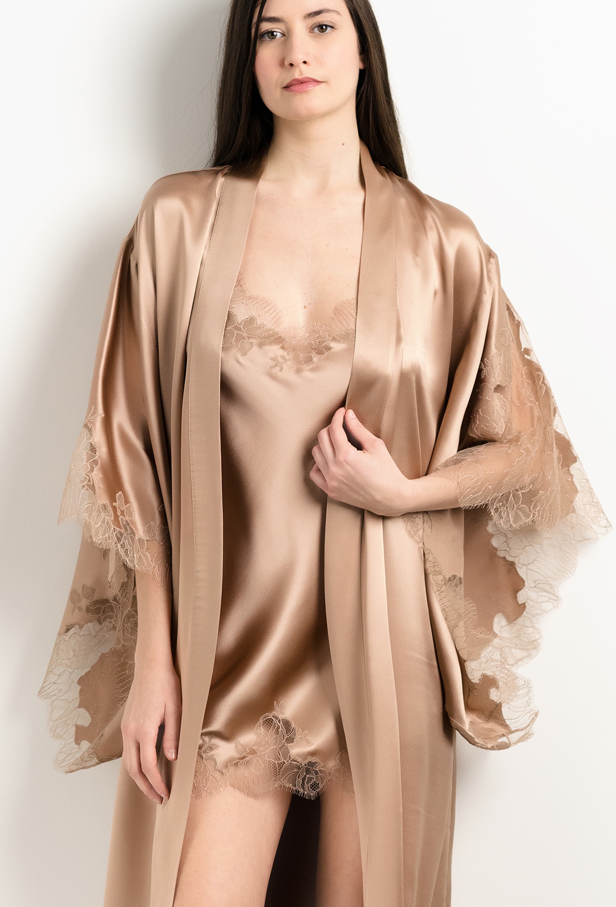 Discover the 2025 Winter collection of lingerie couture from the house Carine Gilson with this Slip Babydoll Style V Neckline in Vison Silk  with Vison lace
