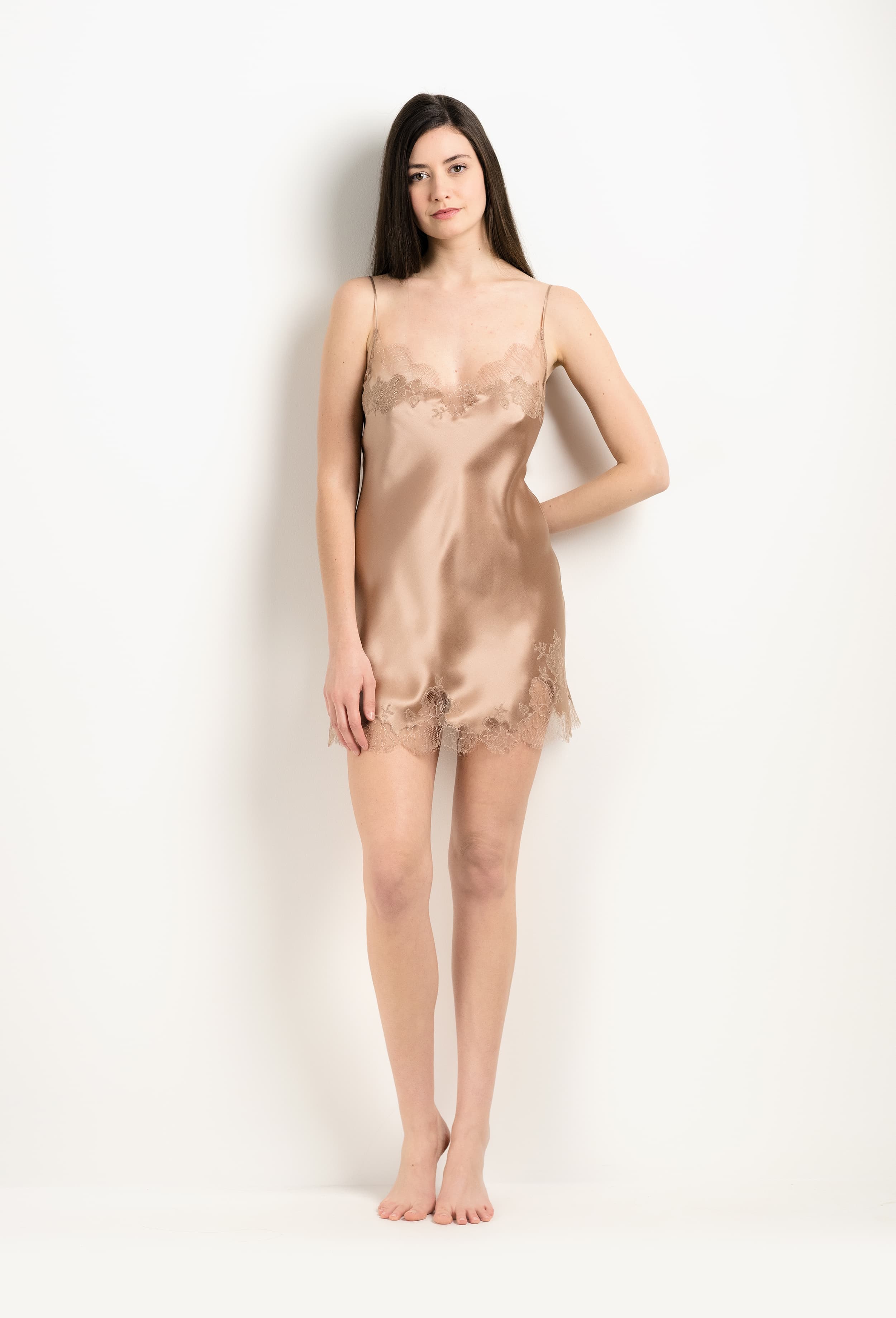 Discover the 2025 Winter collection of lingerie couture from the house Carine Gilson with this Slip Babydoll Style V Neckline in Vison Silk  with Vison lace