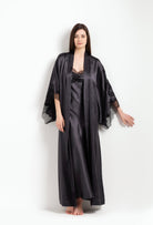 Be seduced by Carine Gilson most beautiful silk lingerie collection with this Long Kimono Butterfly Sleeves in DarkGrey Silk  with black lace