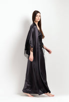 Be seduced by Carine Gilson most beautiful silk lingerie collection with this Long Kimono Butterfly Sleeves in DarkGrey Silk  with black lace