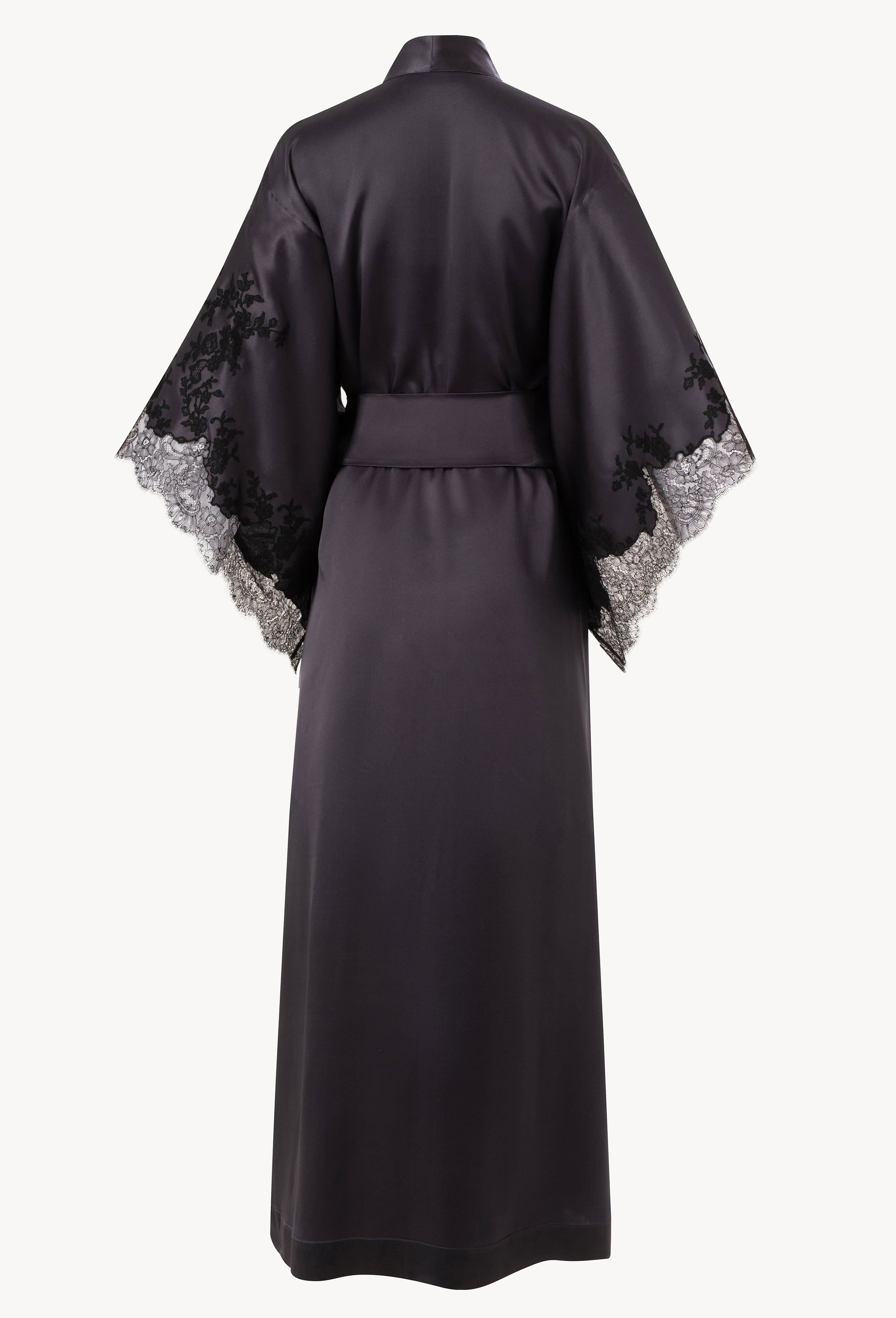 Be seduced by Carine Gilson most beautiful silk lingerie collection with this Long Kimono Butterfly Sleeves in DarkGrey Silk  with black lace