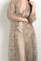 Made of silk and lace, explore the lingerie collection 2024 winter from the house Carine Gilson with this Long Kimono Raglan Style in sand beige Silk with Beige Navy lace