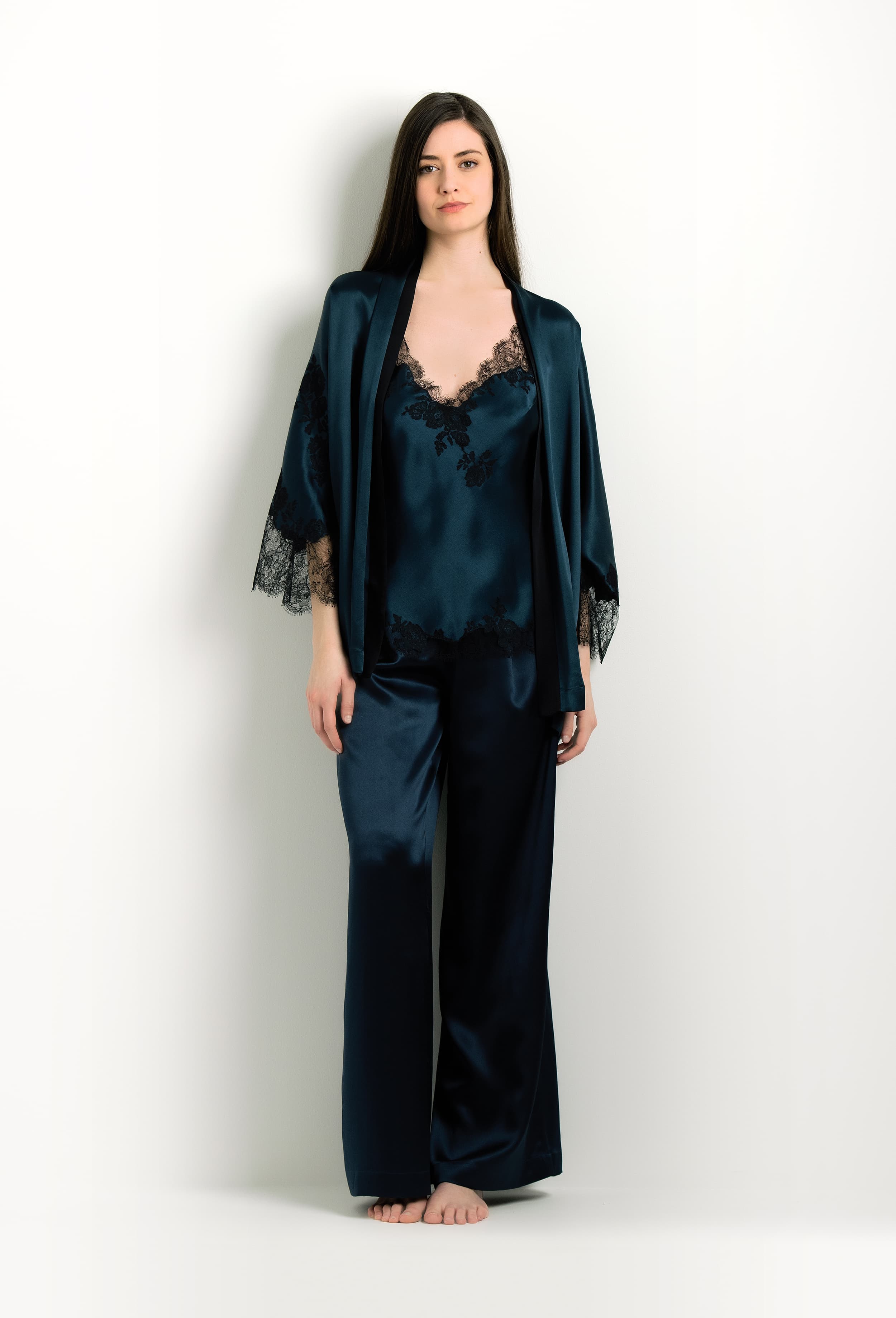 Enjoy the 2024 winter collection of lingerie couture from the house Carine Gilson with this Camisole V Neckline in dark blue Silk with Black lace