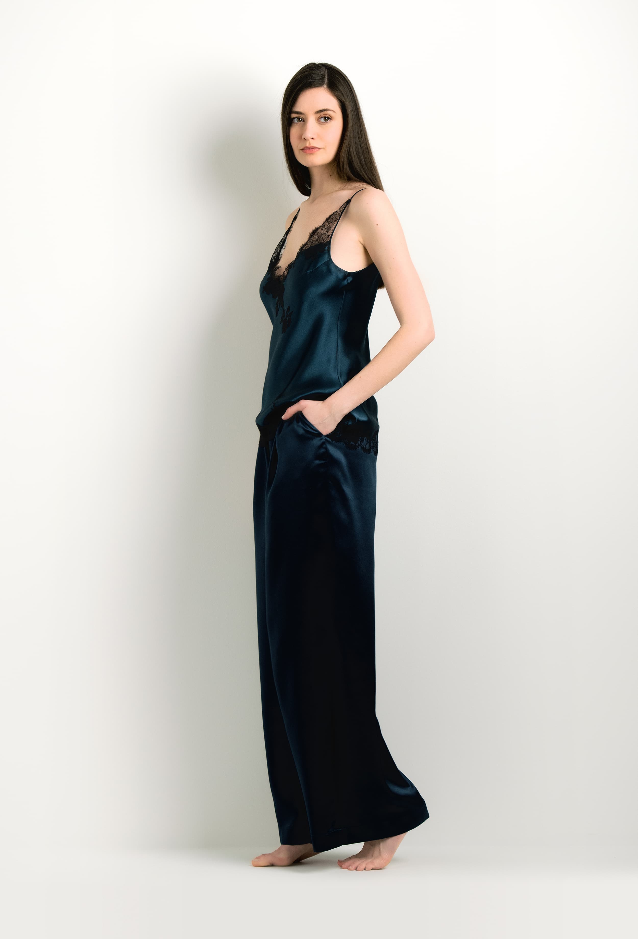 Enjoy the 2024 winter collection of lingerie couture from the house Carine Gilson with this Camisole V Neckline in dark blue Silk with Black lace