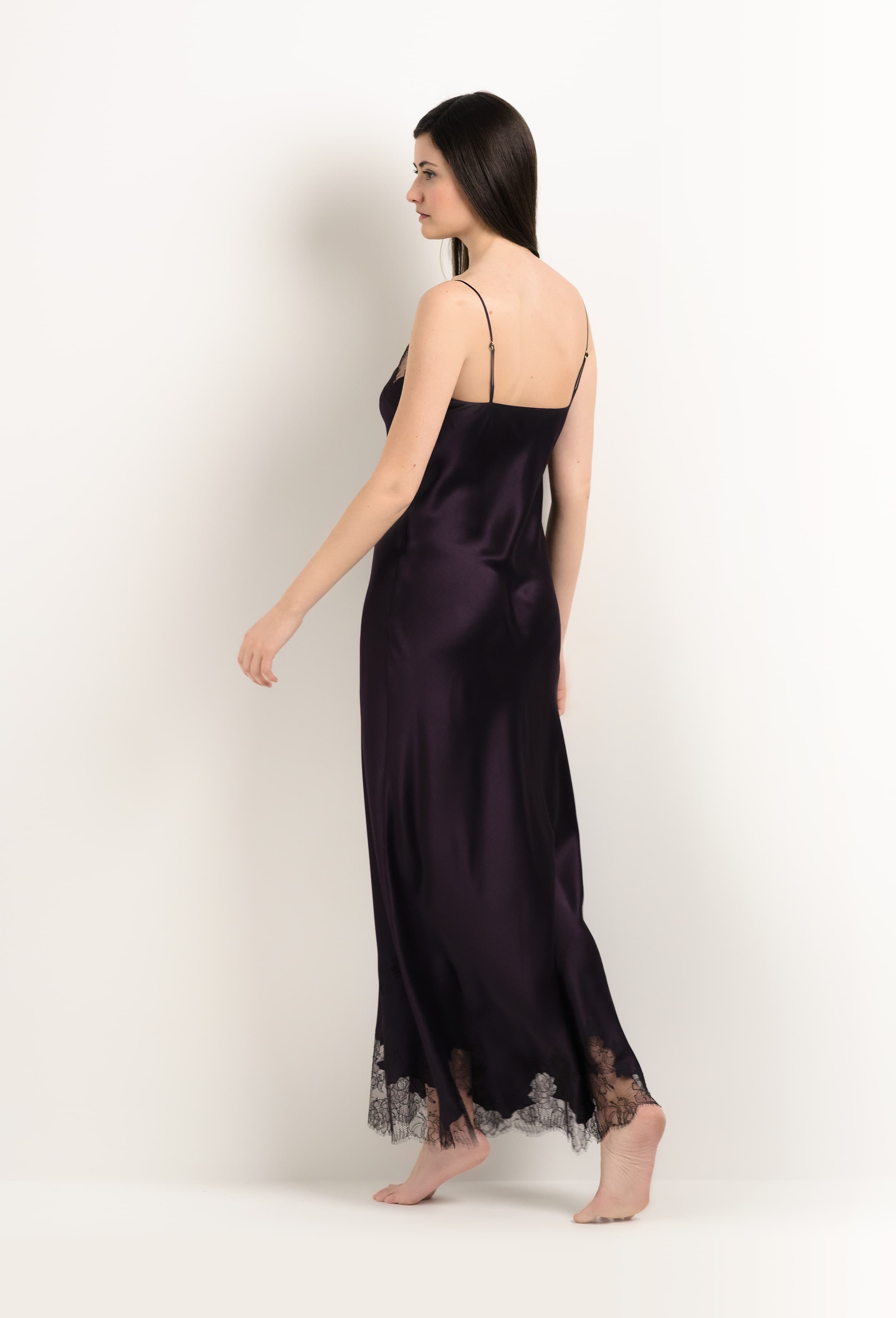The 2025 Winter collection from the house Carine Gilson - The most beautiful couture lingerie to be discovered with this Long Gown V Neckline in Plum Silk  with Ebony lace